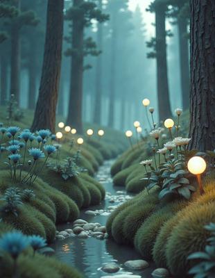The primary subject of the image is a river flowing through a forest. The river is surrounded by a variety of plants, including blue flowers and white flowers. The setting is a lush, green forest with trees and bushes. The visual style of the image is a combination of photo and digital art, creating a surreal and dreamy atmosphere. The colors and mood of the image are predominantly blue and green, with the blue flowers adding a touch of vibrancy to the scene.